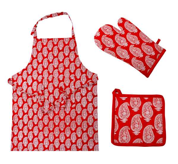 3 Piece Kitchen Linen Set - Red Colour Printed