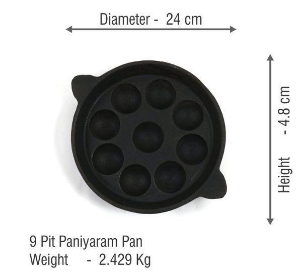 Cast Iron Paniyaram Pan 9 Pits, Pre-Seasoned, 17cm