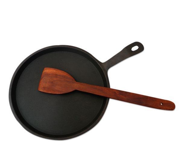 Cast Iron Round Dosa Tawa with Wooden Ladle Double Handle