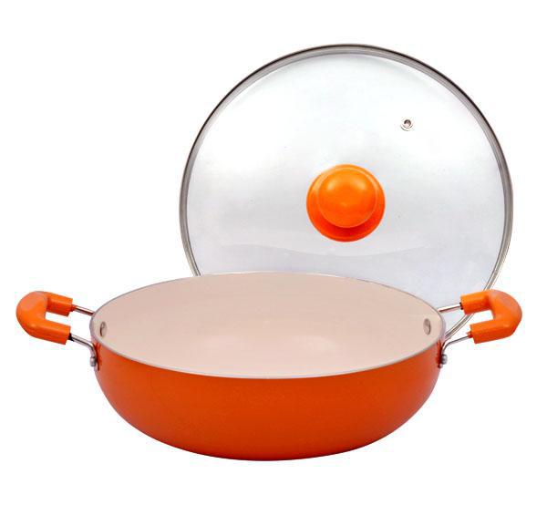 Ceramic Non Stick Aluminum Deep Kadai With Lid 260mm-Tredy Foods