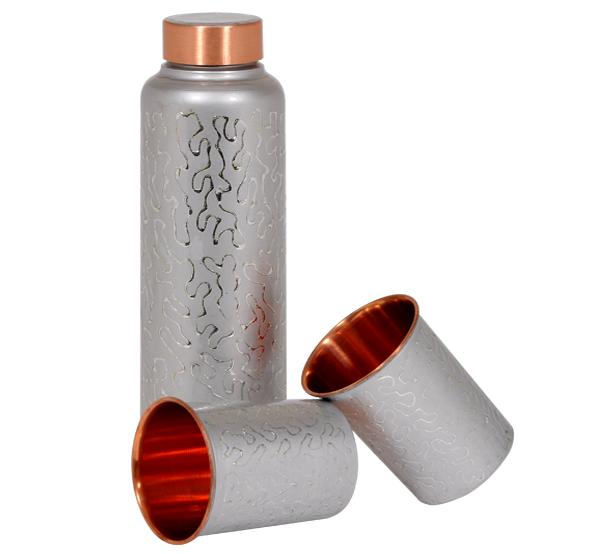 Kumbakonam Silver Coated Copper Water Bottle & Tumbler Set-Tredy Foods
